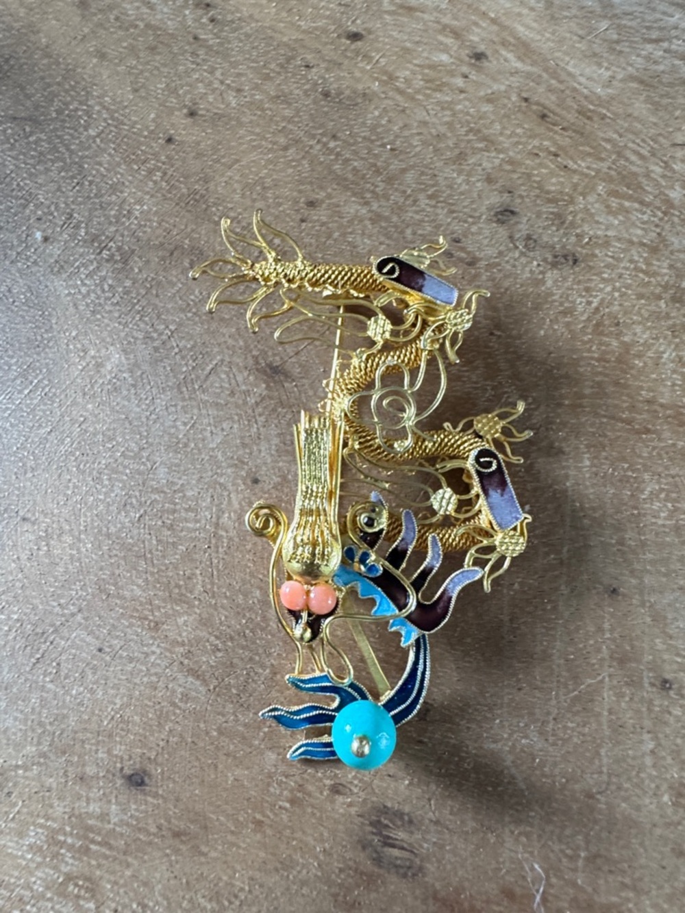 Vintage Gold Tone Dragon Brooch with Turquoise and Coral Accents